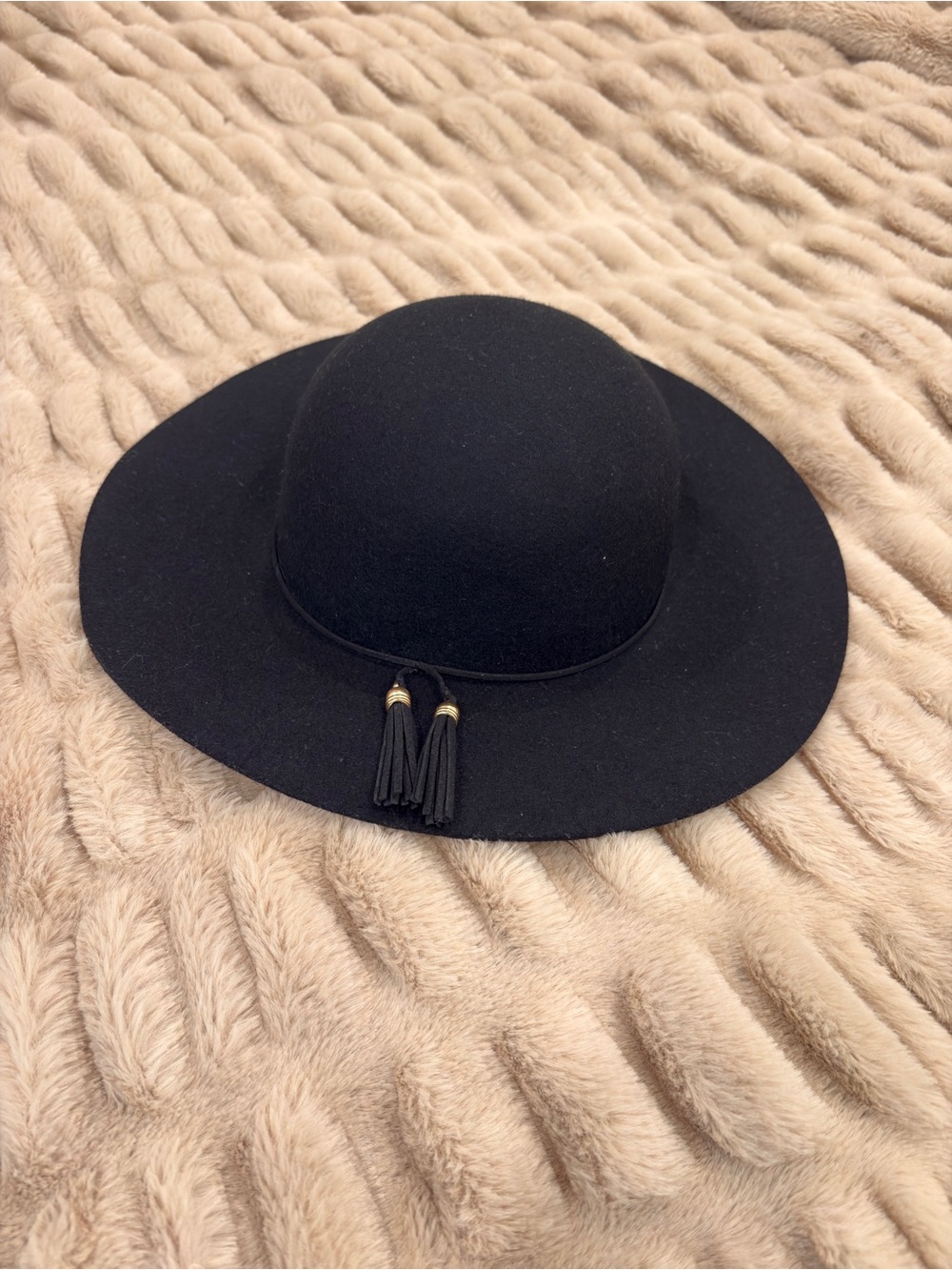 Black Wide Brim Tassel Wool Felt Hat